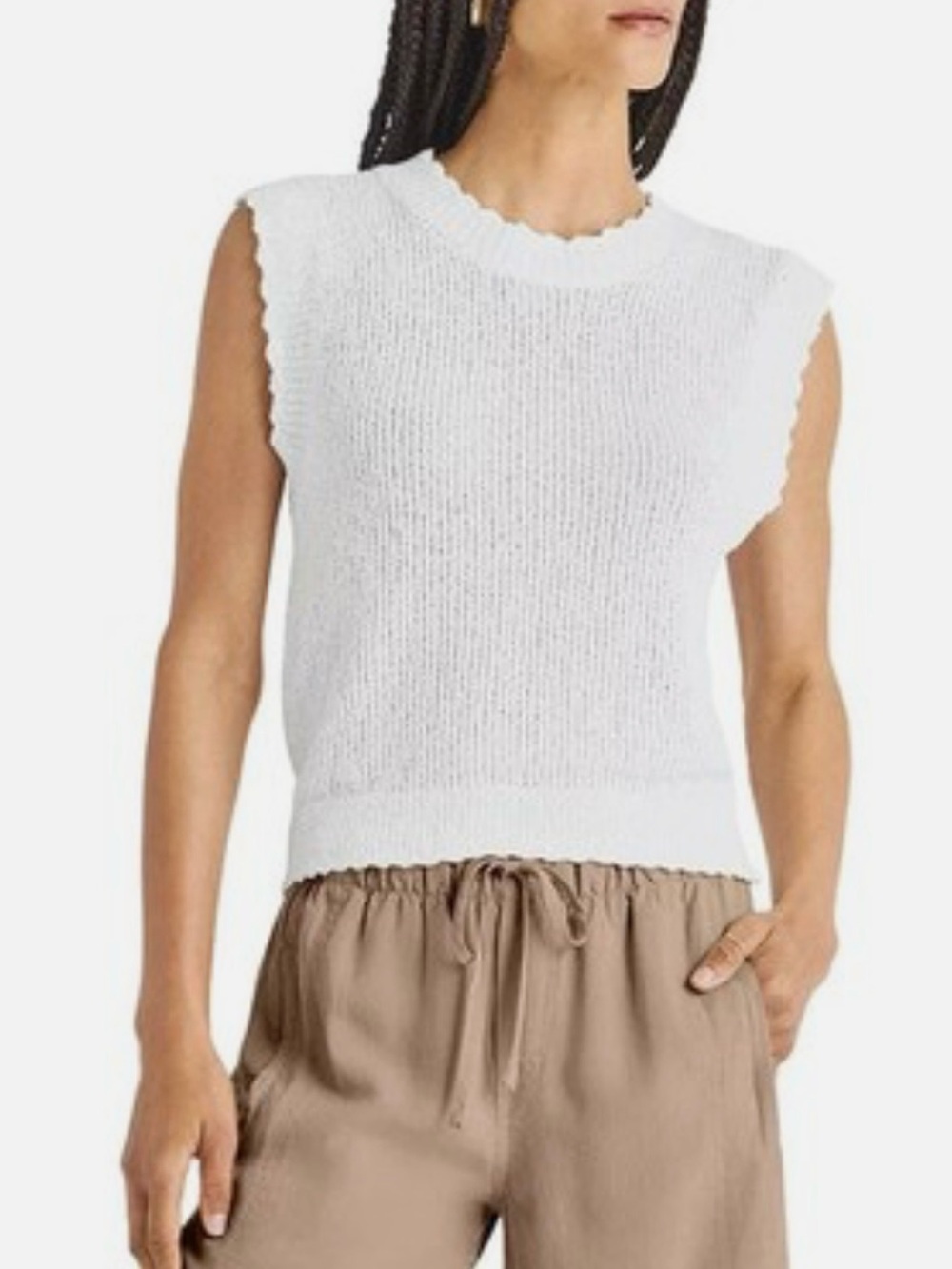 Splendid White Sleeveless Scallop-Trim Knit Top